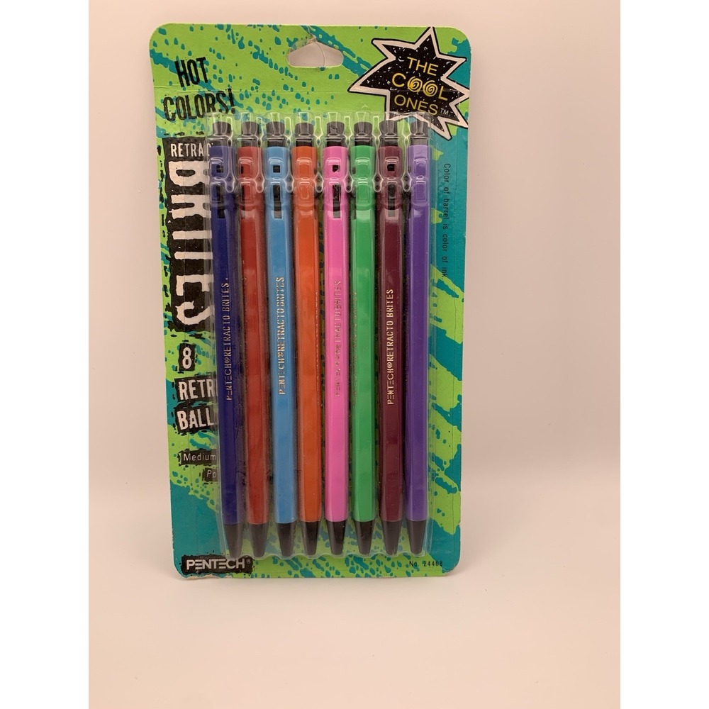 Vintage 1992 Pentech Retractor Brites 8 Retractable Ball Pens Hot Colors Cool